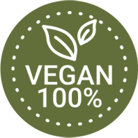 Round icon with dots and leaves noting "100% Vegan"